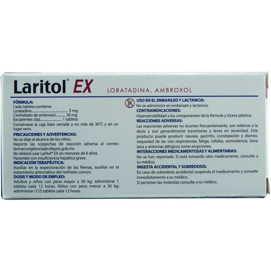 Laritol Ex, Loratadina 5 mg, Ambroxol 30 mg, 10 Tabletas