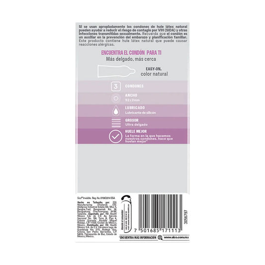 Condones Sico Invisible Látex Natural 3 Piezas