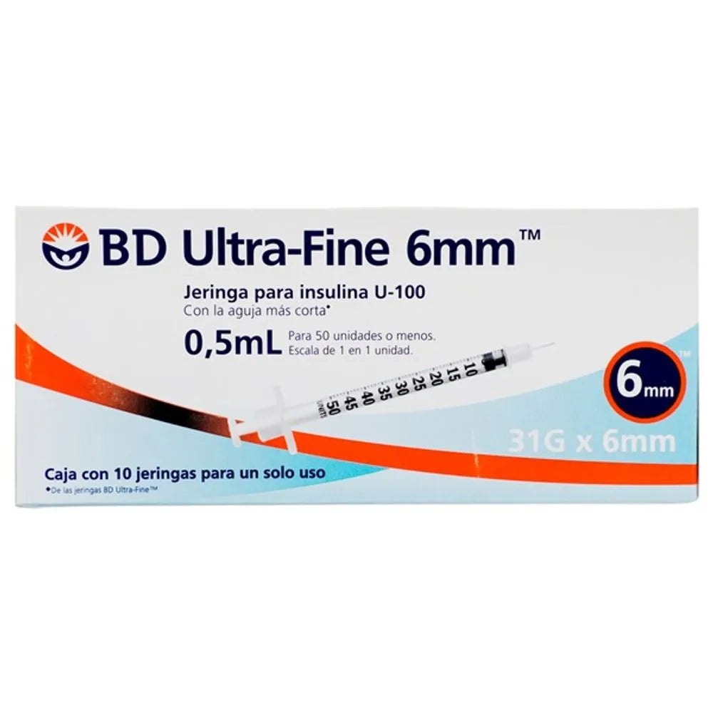 Jeringa para Insulina U-100 0.5 ml (31 G x 6 mm) 10 piezas | BD Ultra-Fine 6mm®