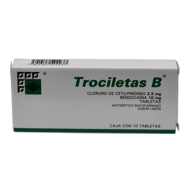Trociletas B, Cloruro de Cetilpiridinio 2.5 mg, Benzocaína 10 mg, 10 Tabletas