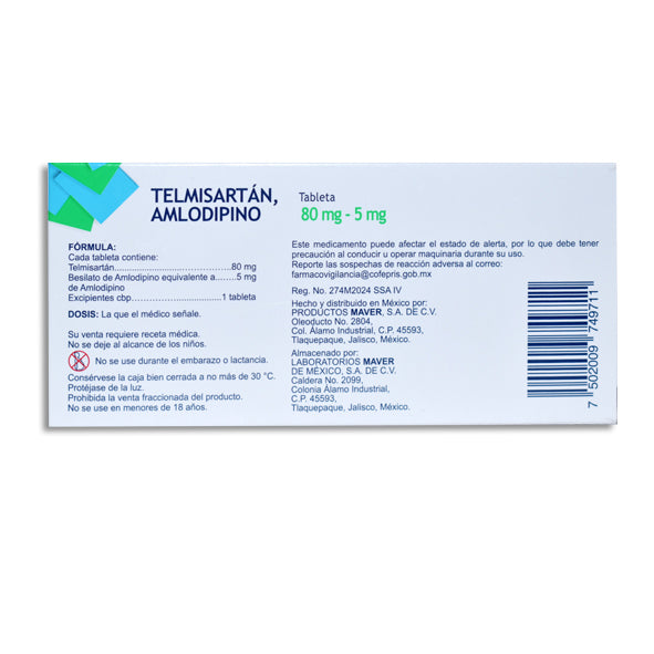 Telmisartán 80 mg, Amlodipino 5 mg con 28 tabletas | Maver®