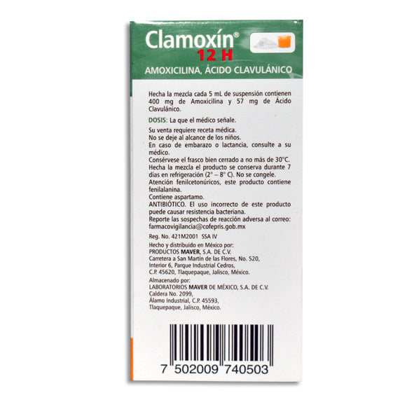 Clamoxin® 12H Junior, Amoxicilina 400 mg, Ácido Clavulánico 57 mg, 50 mL Suspensión | Maver®
