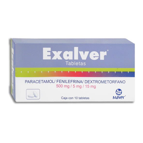 Exalver, Paracetamol 500 mg, Fenilefrina 5 mg, Dextrometorfano 15 mg, 10 Tabletas