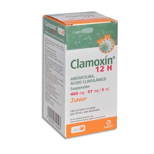 Clamoxin® 12H Junior, Amoxicilina 400 mg, Ácido Clavulánico 57 mg, 50 mL Suspensión | Maver®