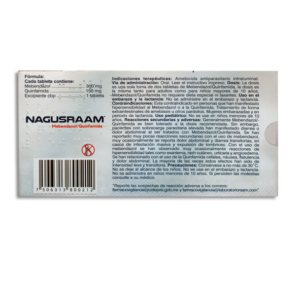 Nagusraam, Mebendazol 300 mg, Quinfamida 150 mg, 2 Tabletas | RAAM®
