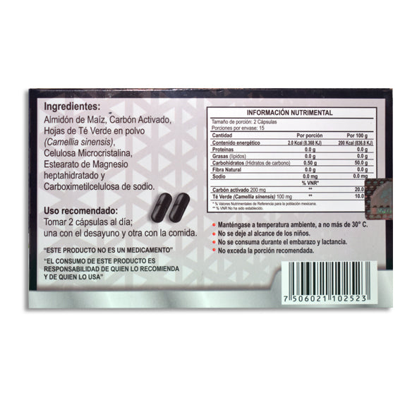 Acticarb, Carbón Activado 200 mg, Té Verde 100 mg, 30 Cápsulas | Natutech®