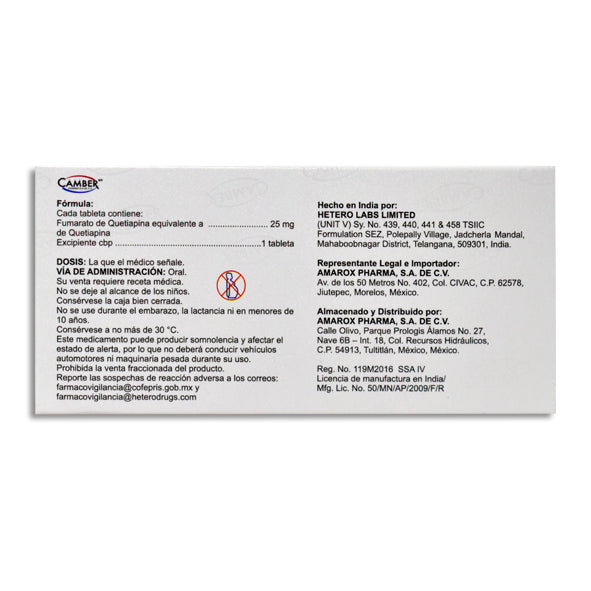 Quetiapina 25 mg 30 Tabletas | Camber®