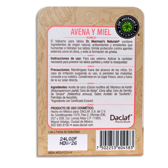 Dr. Akerman’s Avena Y Miel Bálsamo Labial 4.5 g Blíster | Daclaf®