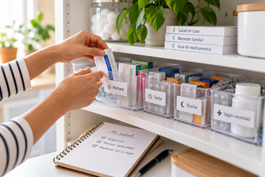 Persona organizando medicamentos por horarios en un gabinete doméstico, guía Farma24 sobre almacenamiento seguro