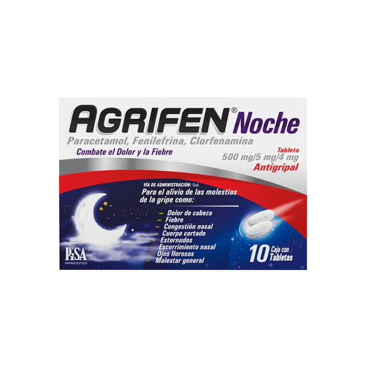 Agrifen Noche Paracetamol 500 mg, Fenilefrina 5 mg, Clorfenamina 2 mg 10 Tabletas
