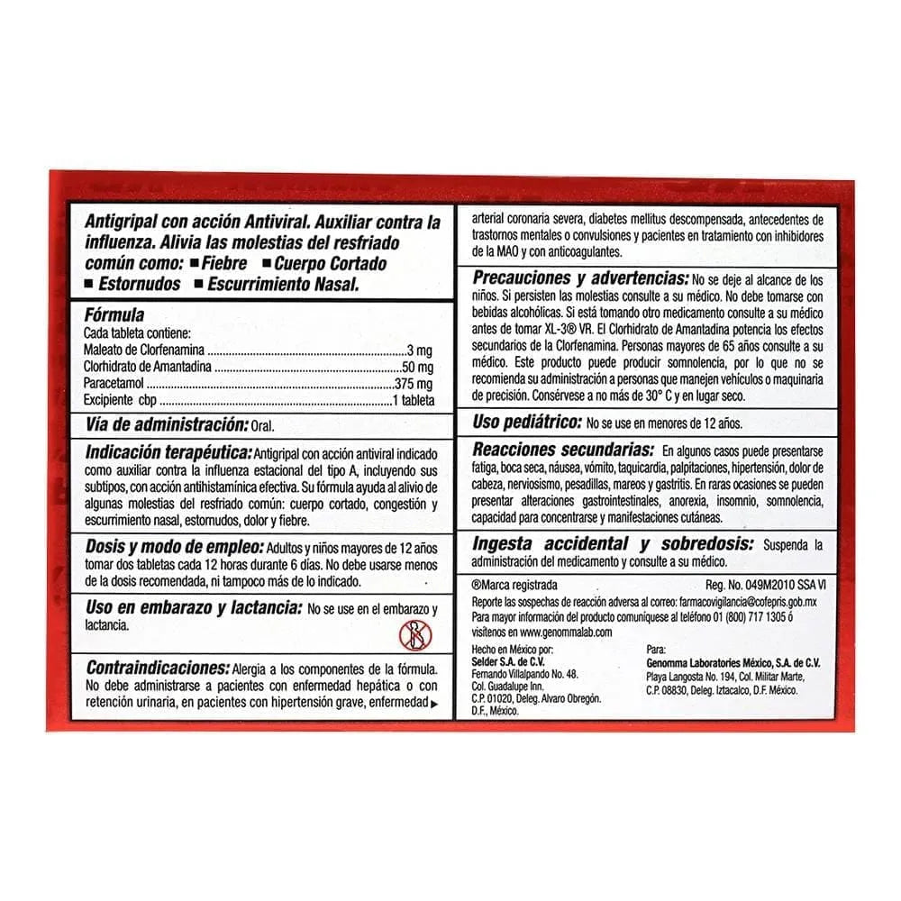 XL-3 VR®, Clorfenamina, Amantadina y Paracetamol 24 Tabletas | Genomma Lab®