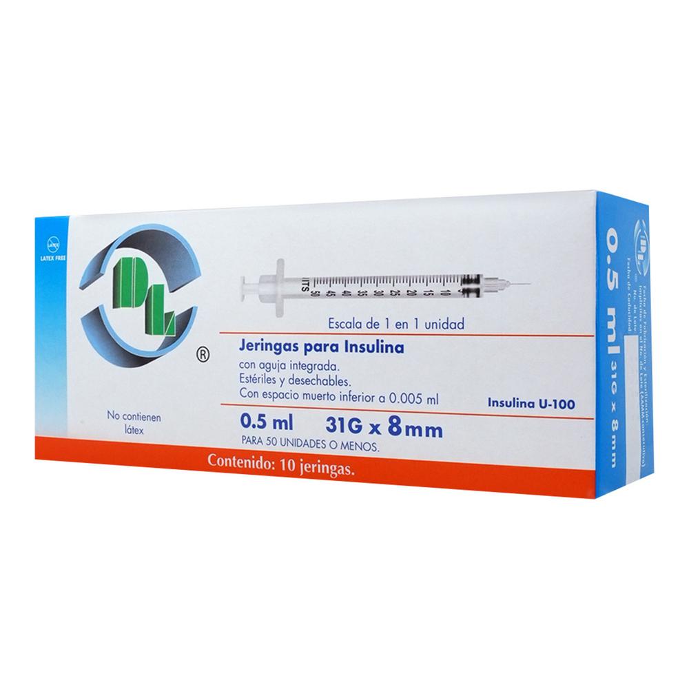 Jeringas para Insulina 0.5 mL (31 G x 8 mm) 10 Piezas | DL®