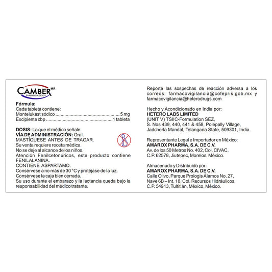 Montelukast 5 mg 30 Tabletas Masticables | Camber®