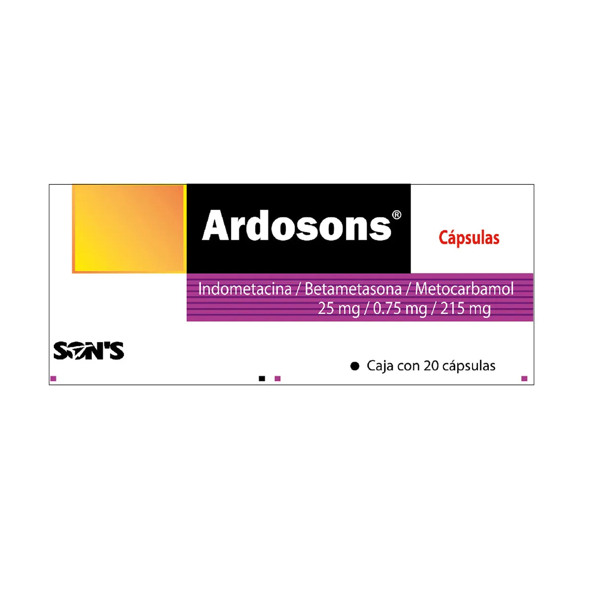 Ardosons®, Indometacina, Betametasona, Metocarbamol, 20 Cápsulas | Quimica Son’s®