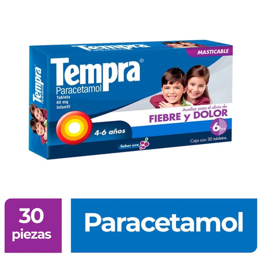 Tempra®, Paracetamol 80 mg Tabletas Masticables Sabor Uva 30 Tabletas