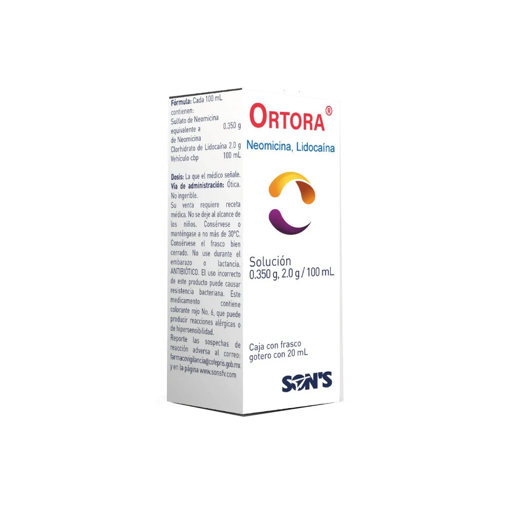 Ortora®, Lidocaína 2 g, Neomicina 350 mg, Solución Ótica 20 mL