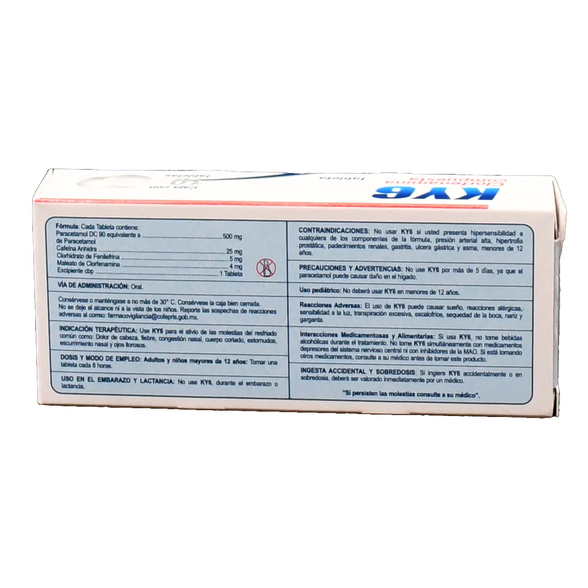 KY6, Clorfenamina, Paracetamol, Cafeína, 10 Tabletas