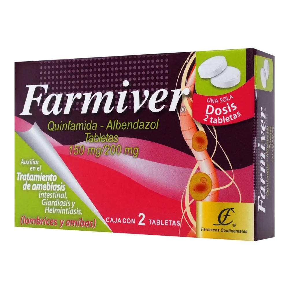 Farmiver® Quinfamida 150 mg, Albendazol 200 mg 2 Tabletas | Fármacos Continentales®