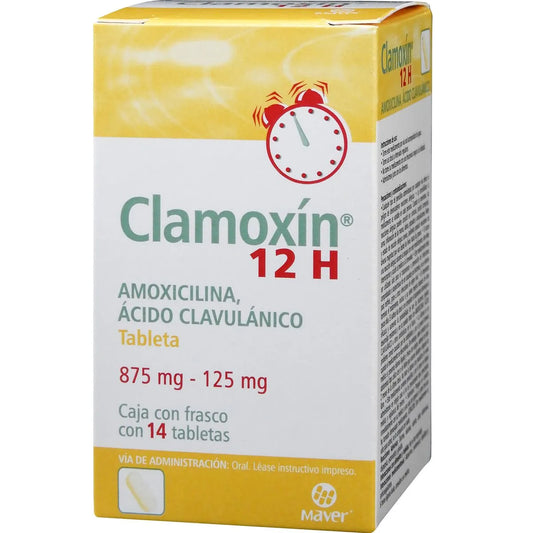 Clamoxin 12 H, Amoxicilina 875 mg, Ácido Clavulánico 125 mg, 14 Tabletas