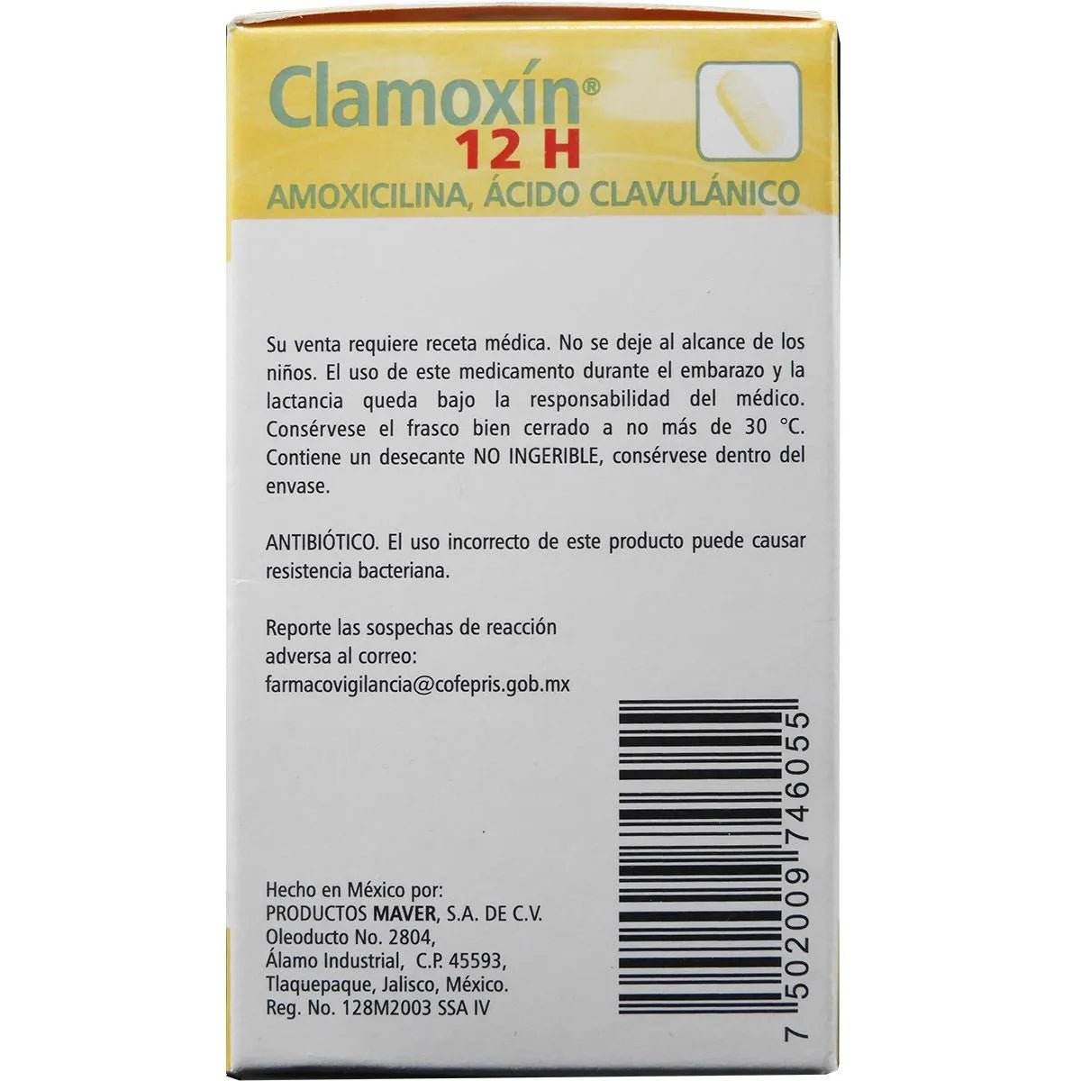 Clamoxin 12 H, Amoxicilina 875 mg, Ácido Clavulánico 125 mg, 14 Tabletas