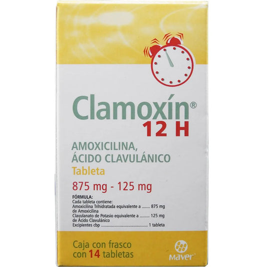 Clamoxin 12 H, Amoxicilina 875 mg, Ácido Clavulánico 125 mg, 14 Tabletas