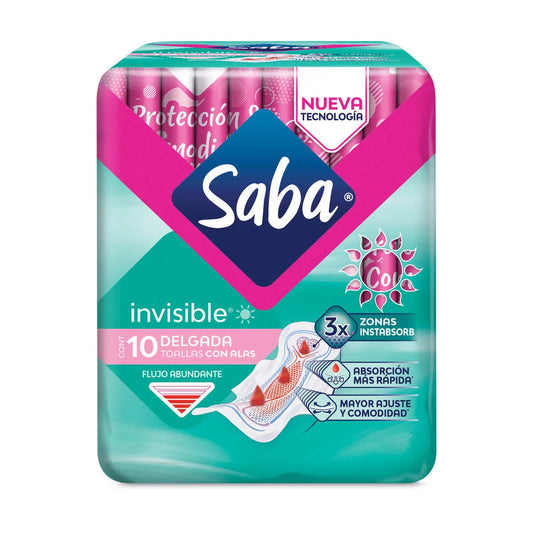 Toallas Saba Invisible Delgada con Alas Flujo Abundante 10 Piezas