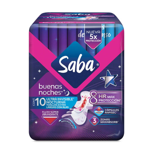 Toallas Femeninas Saba Buenas Noches Ultra Invisible Nocturna Con Alas 10 Piezas