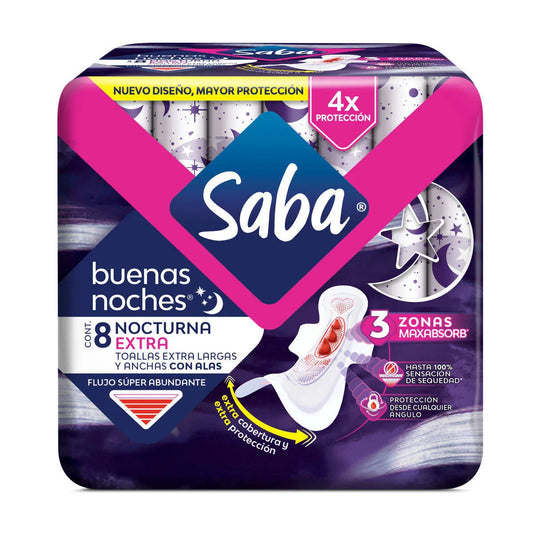 Toallas Femeninas Saba Buenas Noches Extra con Alas 8 piezas
