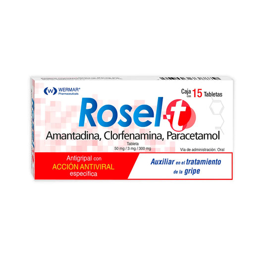 Rosel-T, Amantadina 50 mg, Clorfenamina 3 mg, Paracetamol 300 mg 15 Tabletas