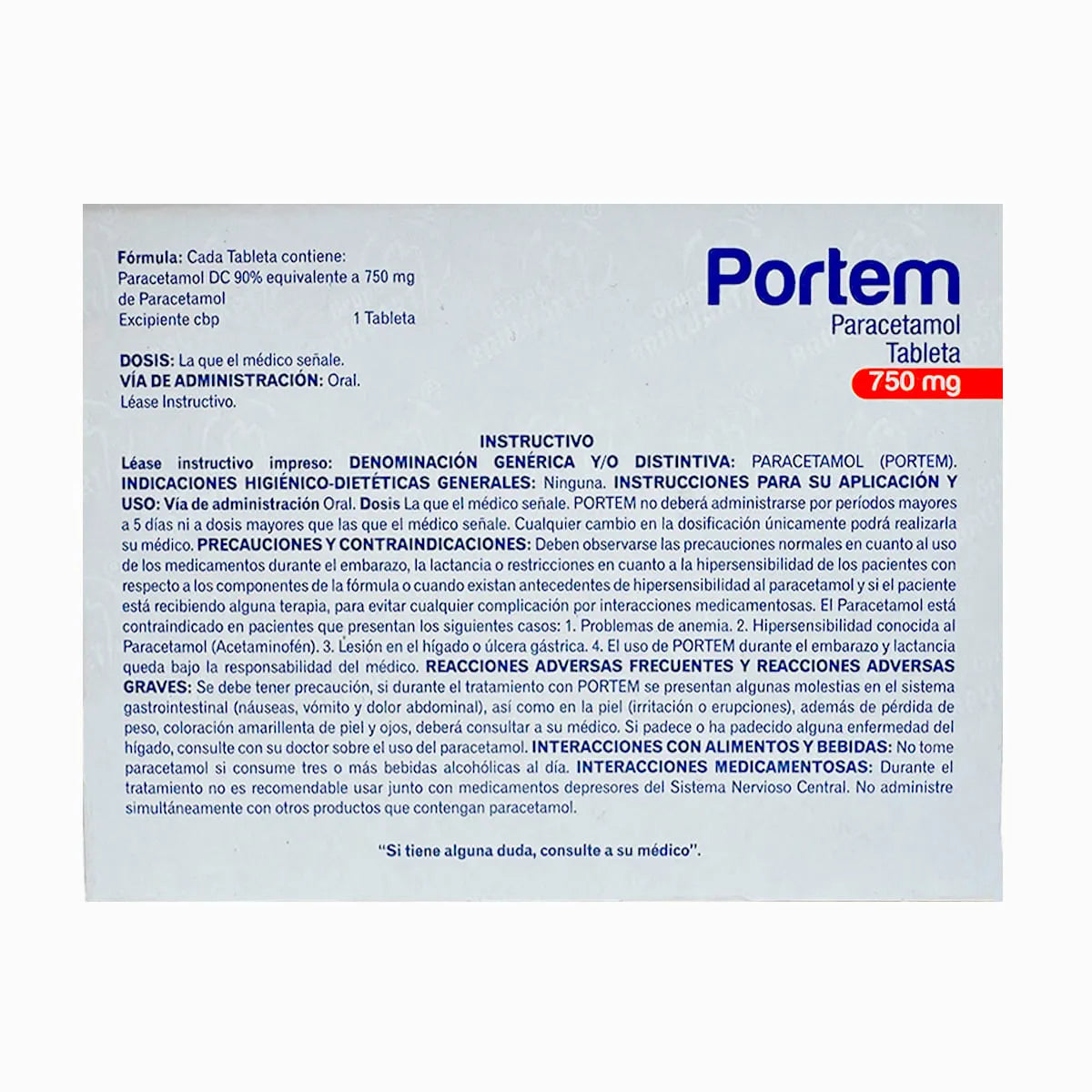 Portem, Paracetamol 750 mg con 10 Tabletas | Bruluart®