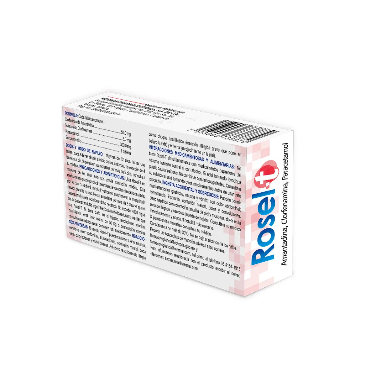 Rosel-T, Amantadina 50 mg, Clorfenamina 3 mg, Paracetamol 300 mg 15 Tabletas