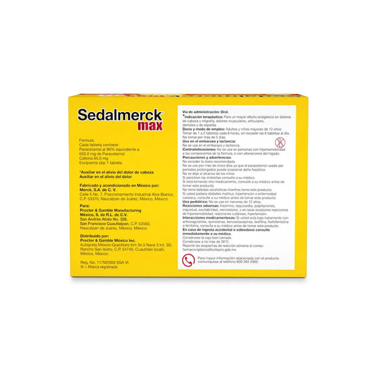 Sedalmerck® Max, Paracetamol 650 mg, Cafeína 65 mg 24 Tabletas | Procter & Gamble®