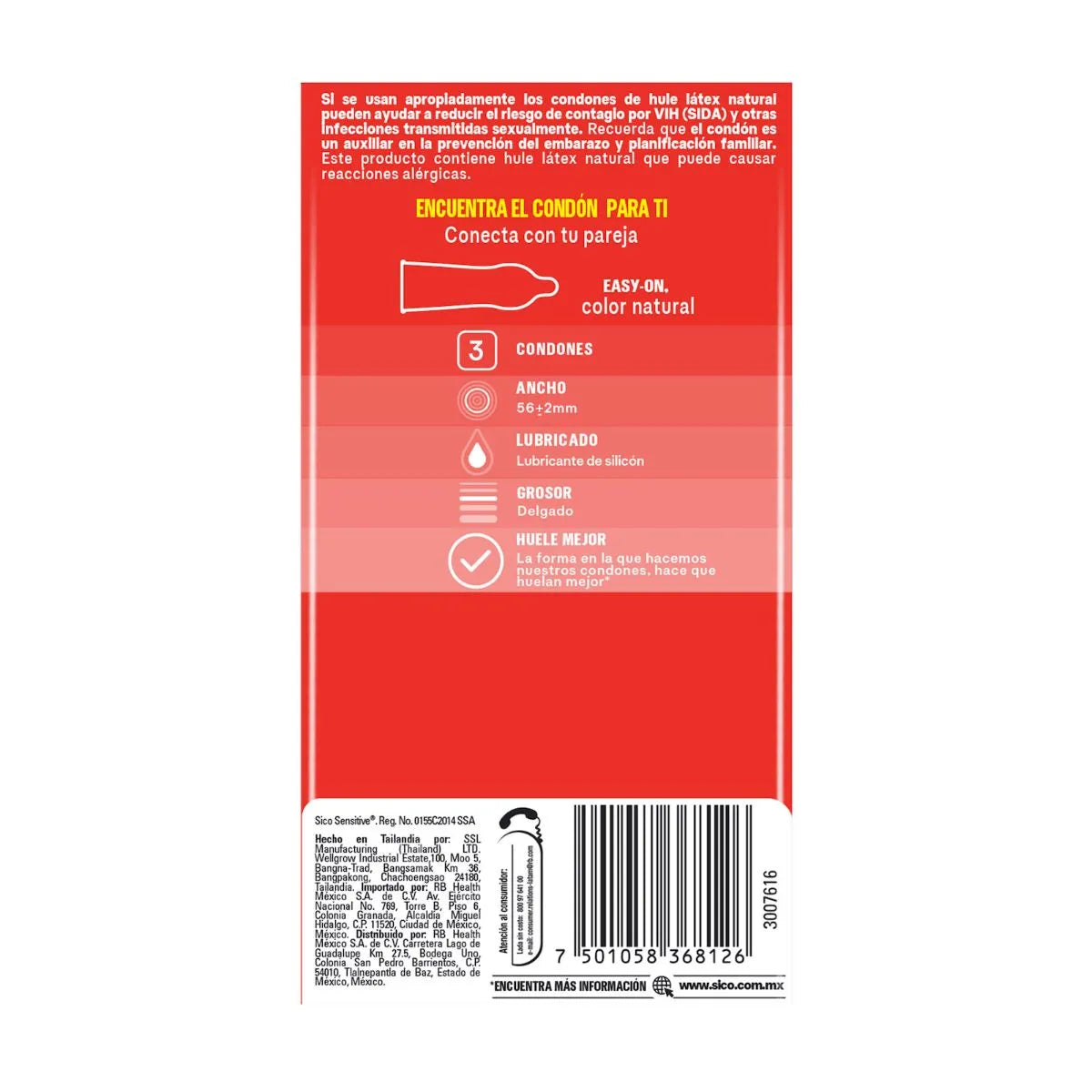 Condones Sico Sensitive Látex Natural 3 Piezas