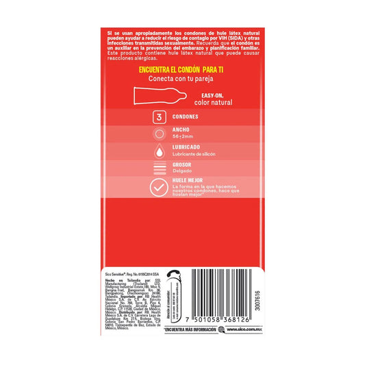 Condones Sico Sensitive Látex Natural 3 Piezas