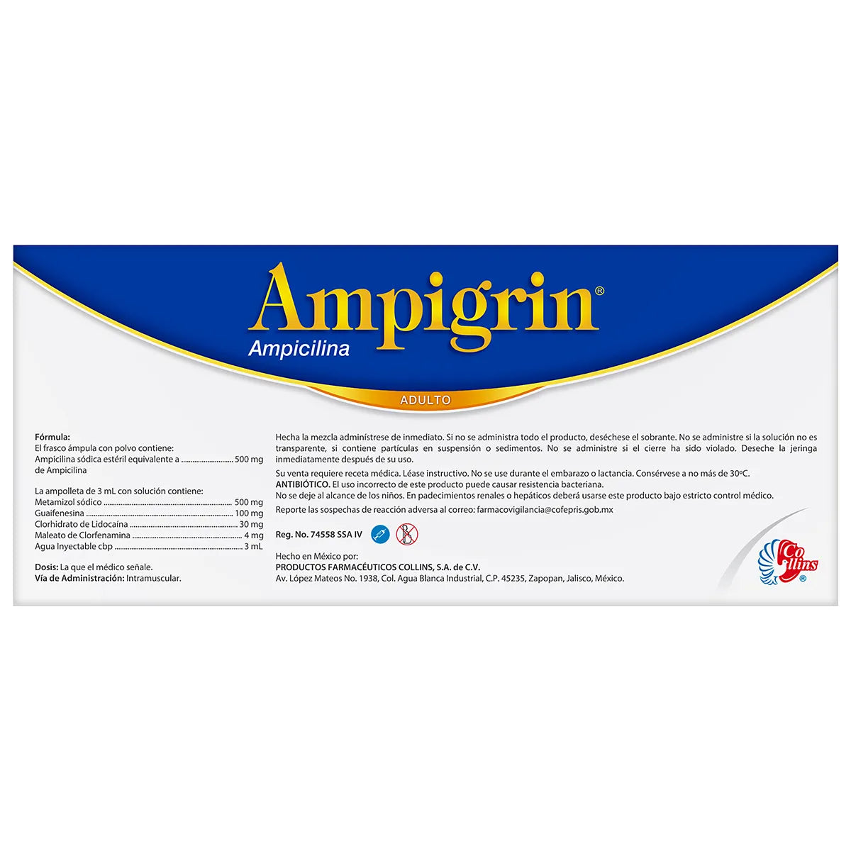 Ampigrin Adulto, Ampicilina Combinada 3 mL Solución Inyectable 3 Ámpulas