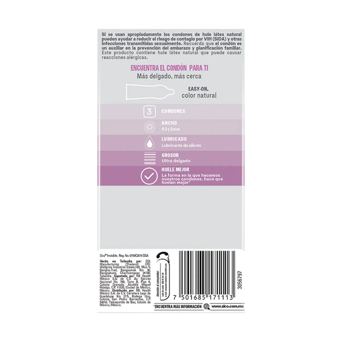 Condones Sico Invisible Látex Natural 3 Piezas