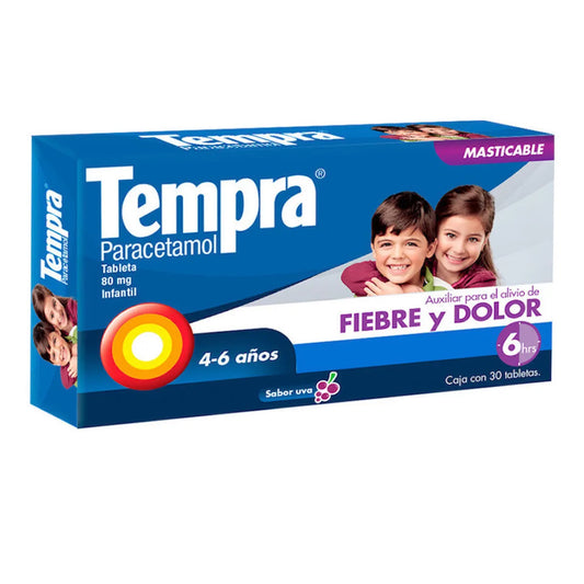 Tempra®, Paracetamol 80 mg Tabletas Masticables Sabor Uva 30 Tabletas