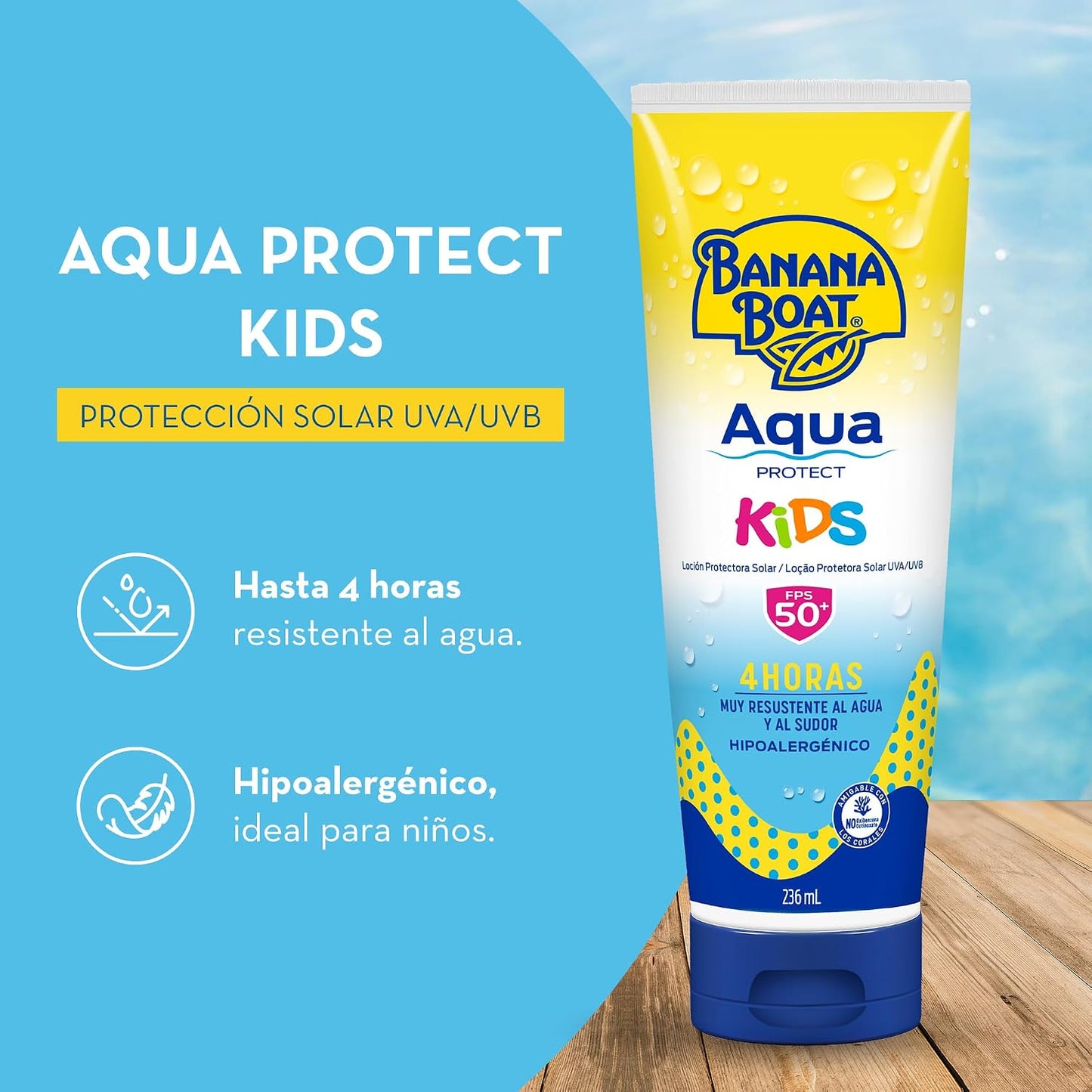 Banana Boat Aqua Protect Kids FPS 50+ Loción Protectora Solar 236 mL