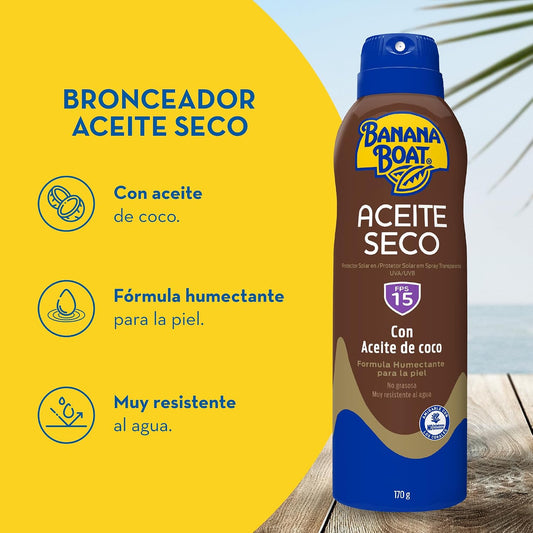 Banana Boat Aceite Seco FPS 15 Protector Solar en Spray Transparente 170 g