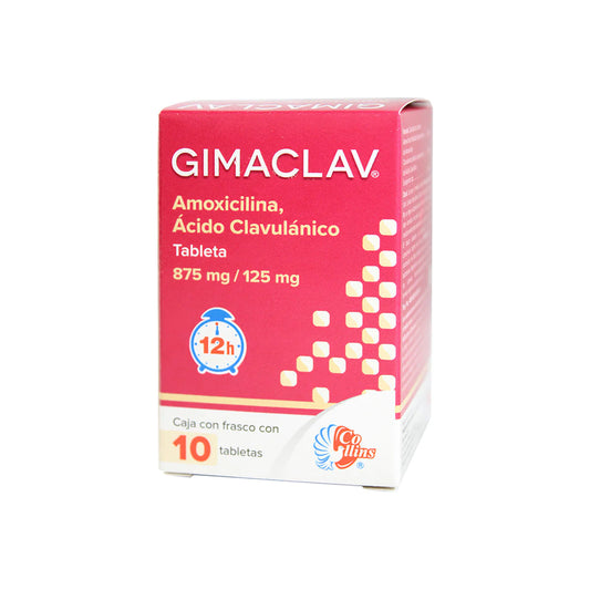 Gimaclav, Amoxicilina 875 mg, Ácido Clavulánico 125 mg, 10 Tabletas
