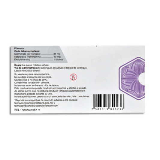 Calebram, Tramadol 25 mg Ketorolaco 10 mg, 10 Tabletas Sublinguales