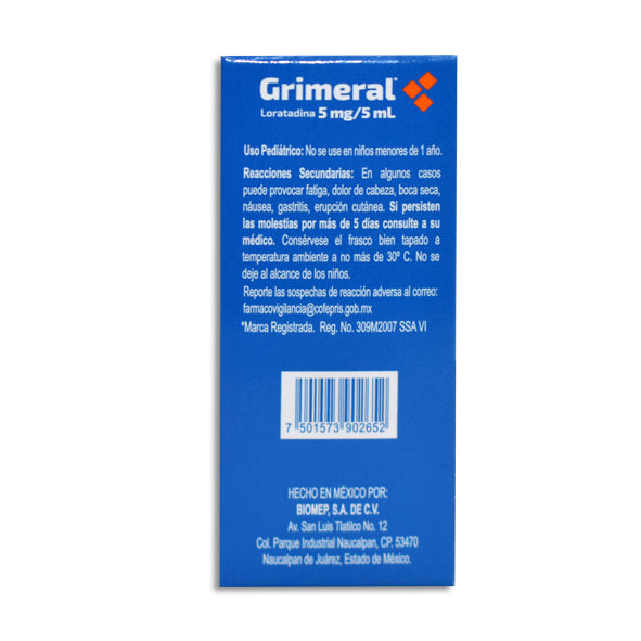 Grimeral®, Loratadina 5 mg / 5 mL  Solución 30 mL