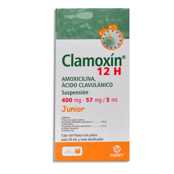 Clamoxin® 12H Junior, Amoxicilina 400 mg, Ácido Clavulánico 57 mg, 50 mL Suspensión | Maver®