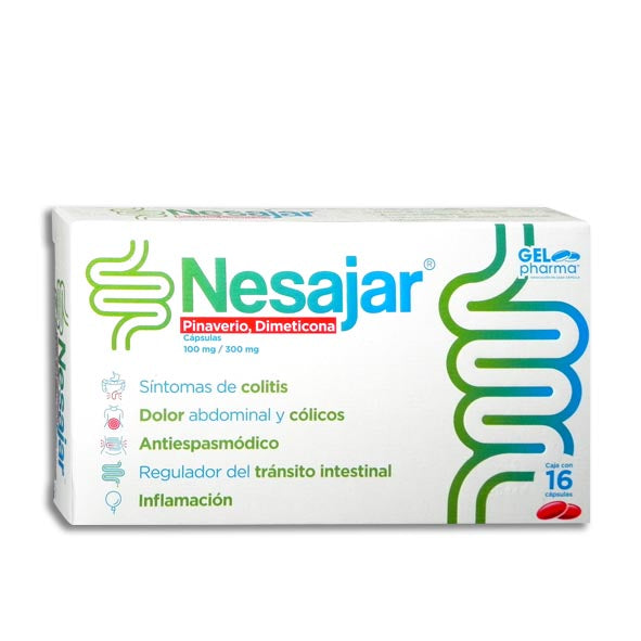 Nesajar®, Bromuro de Pinaverio 100 mg, Dimeticona 300 mg 16 Cápsulas | Gel Pharma®
