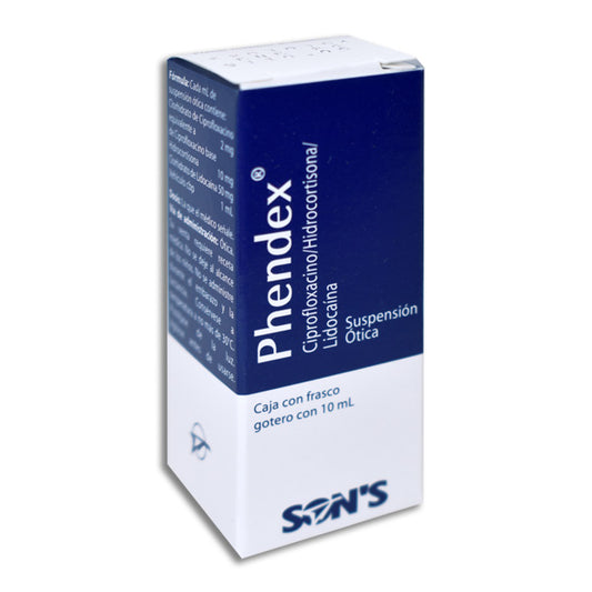 Phendex, Ciprofloxacino, Hidrocortisona, Lidocaína, 10 ml Suspensión Ótica