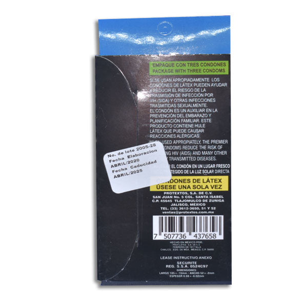 Condón Premier Securite Azul 3 Piezas + Gel Sabor Chicle