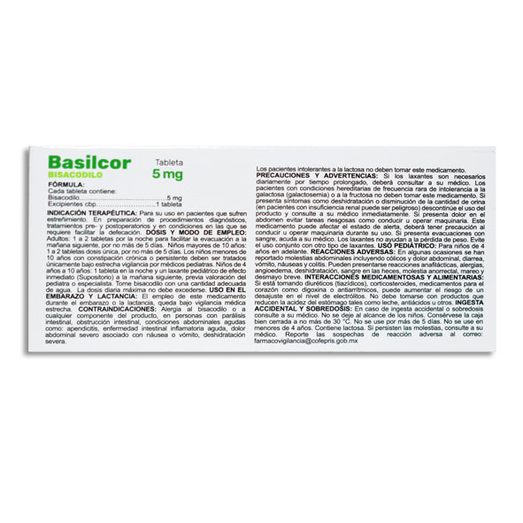 Basilcor, Bisacodilo 5 mg 10 Tabletas