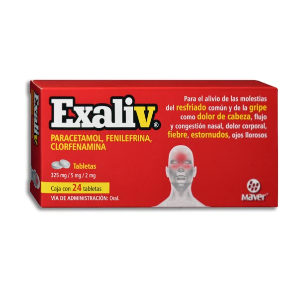 Exaliv, Paracetamol, Fenilefrina, Clorfenamina, 24 Tabletas