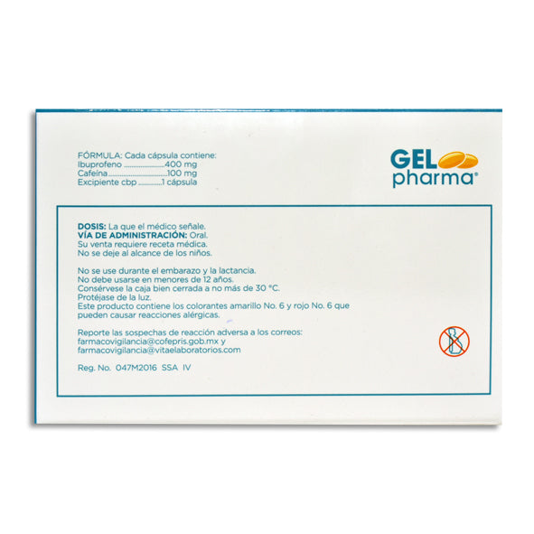 Ibuprofeno 400 mg, Cafeína 100 mg, 10 Cápsulas Gelpharma