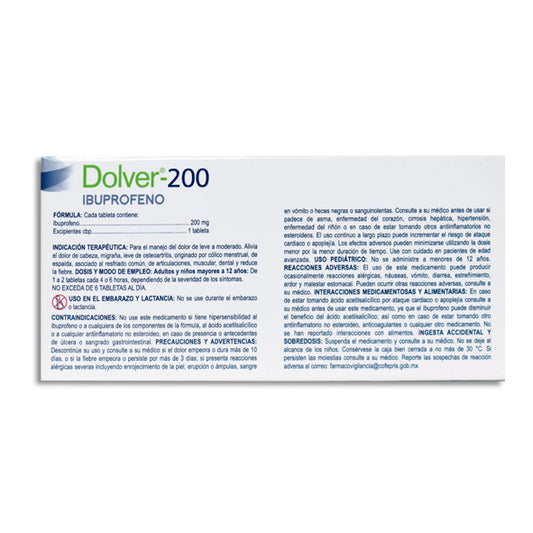 Dolver, Ibuprofeno 200 mg, 10 Tabletas